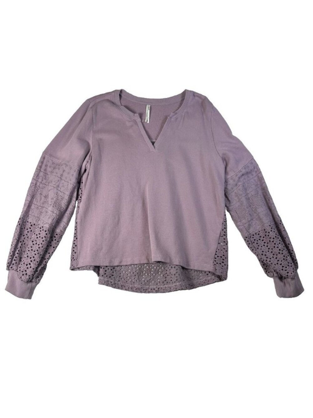Anthropologie Eyelet Lace V-Neck Lilac Purple Sweatshirt Long Sleeves Large Boho